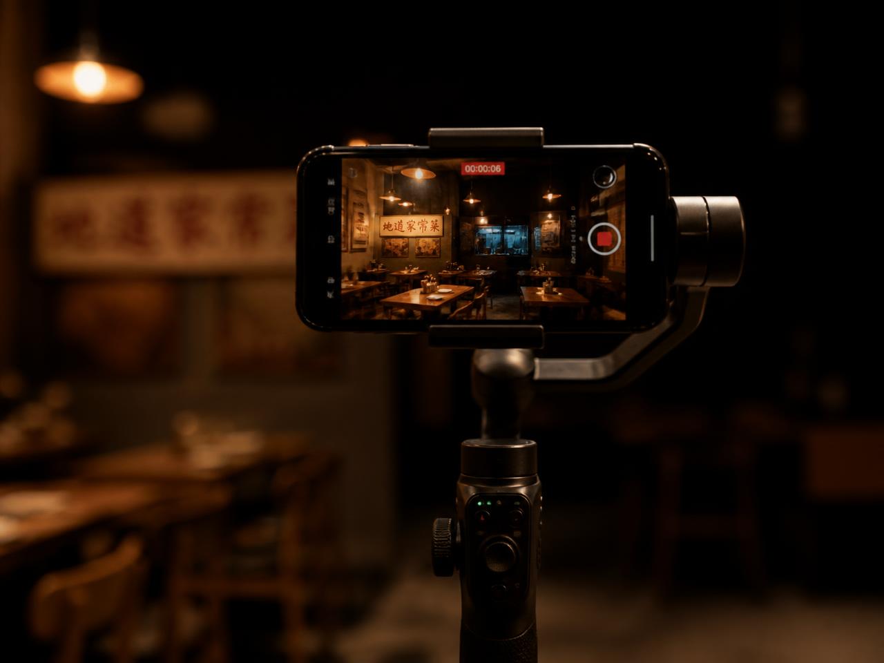 Videomaker gravando um restaurante local com celular em gimbal